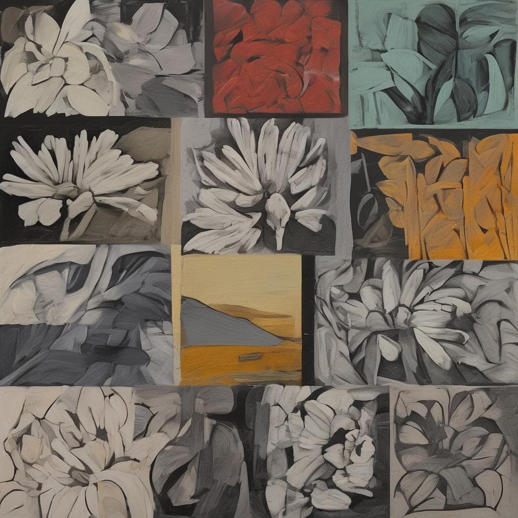 Ζωγραφικά έργα εμπνευσμένα από την αρχαιοελληνική τέχνη και τη σύγχρονη τέχνη, με floral μοτίβα σε μπλε, λευκό, κόκκινο, και κίτρινο χρώματα, αναδεικνύοντας την τέχνη και την έμπνευση από την αρχαιότητα μέχρι σήμερα.