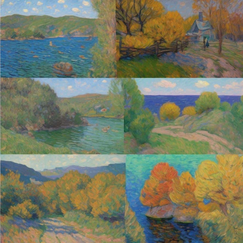 Ουρές από αρχαία έως σύγχρονη τέχνη σε παλιές και σύγχρονες τοπιογραφίες, εμπνευσμένες από την ιστορία και τη φύση, με χρώματα που αναδεικνύουν την εξέλιξη της τέχνης.