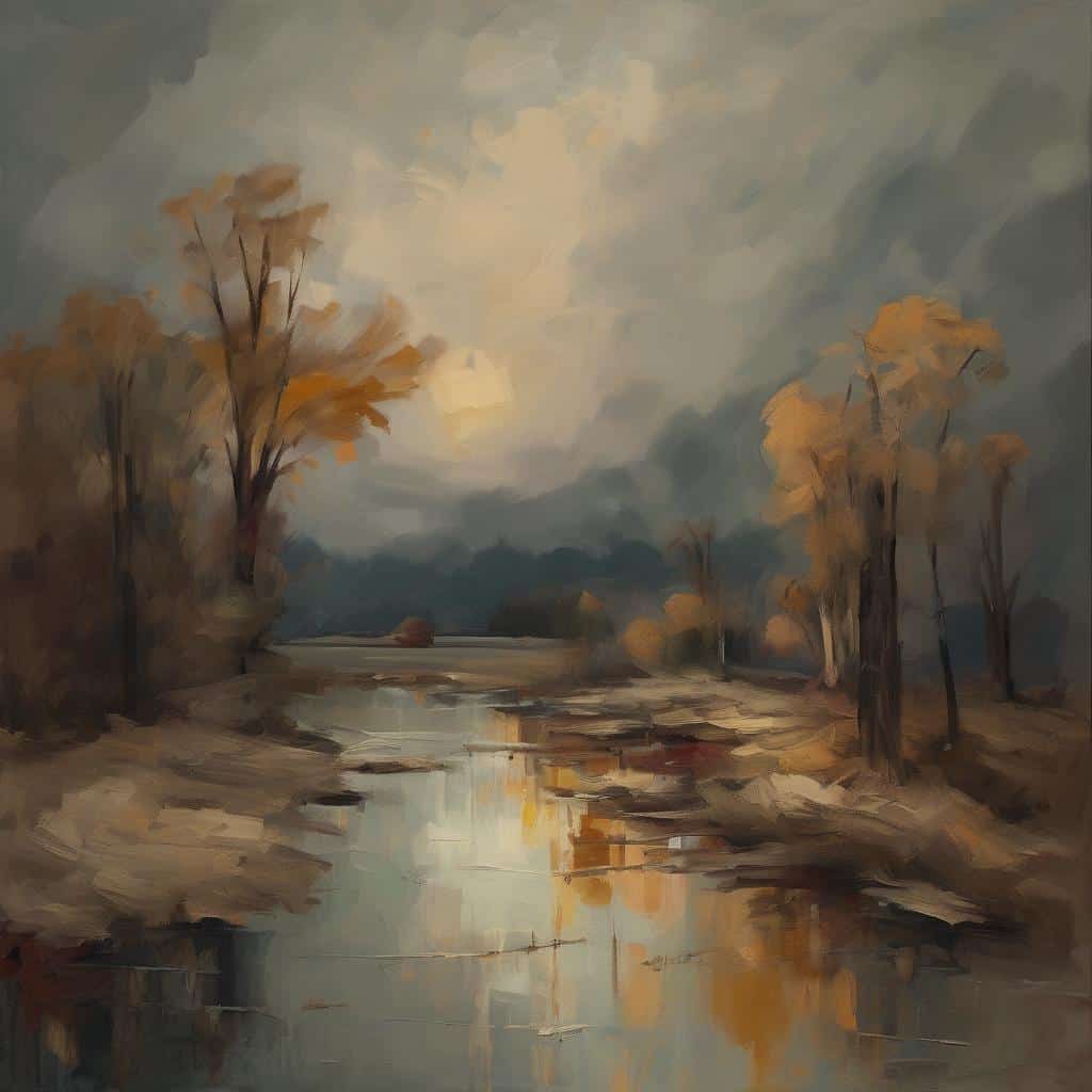 Ορεινά τοπία με ποτάμι και δέντρα σε μαγευτικό τοπίο, ζωγραφική υδατογραφίας με έντονα χρώματα, εμπνευσμένη από την τέχνη και την ιστορία, αναδεικνύοντας την ομορφιά της φύσης από την αρχαιότητα μέχρι σήμερα.