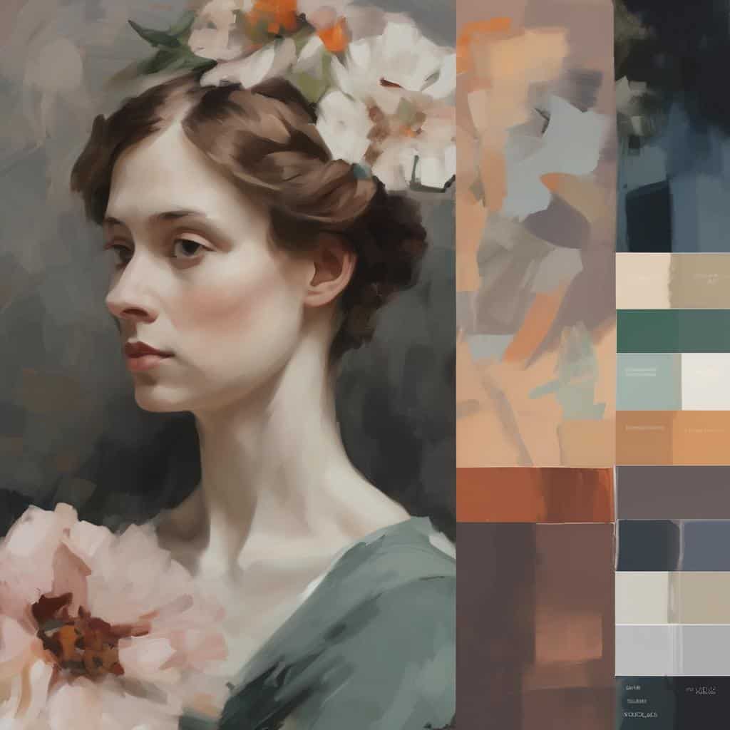 Ανθρώπινη πορτρέτο σε ζωγραφική με θέμα την τέχνη και έμπνευση από την αρχαιότητα μέχρι σήμερα, με στοιχεία μοντέρνου και κλασικού στιλ.