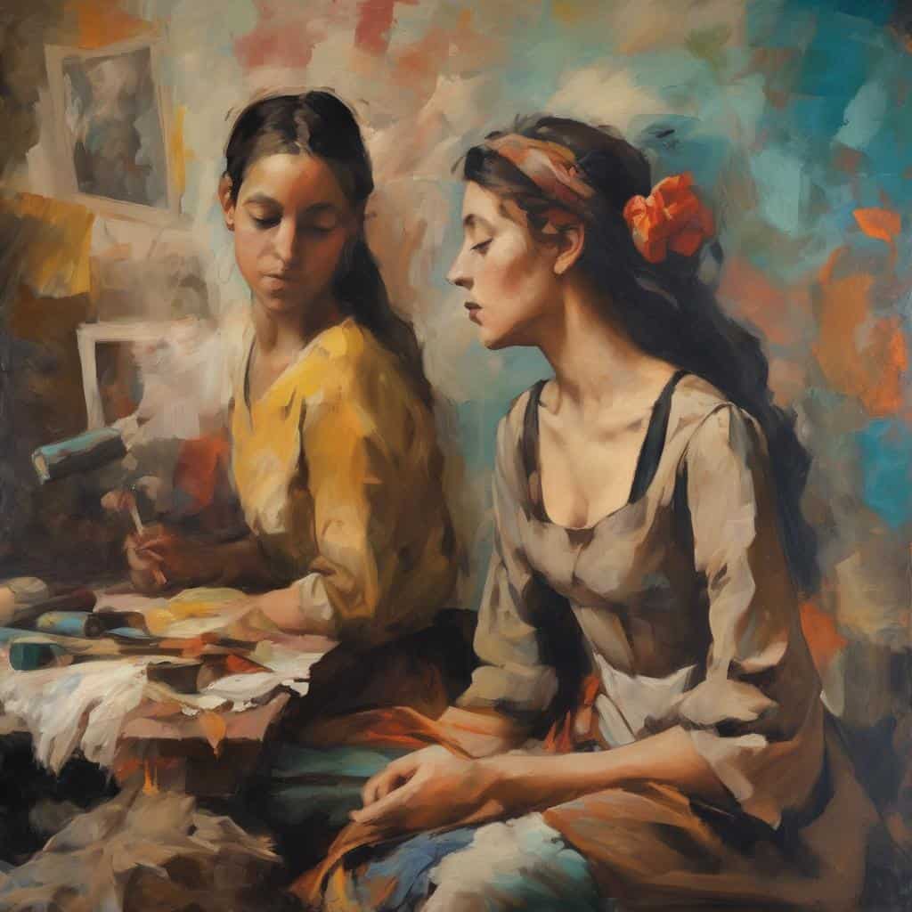 Ζευγάρι νεαρών γυναικών σε καμβά, εμπνευσμένο από την τέχνη της αρχαιότητας μέχρι σήμερα, με σύγχρονη και μεσαιωνική αισθητική, εκφράζοντας τέχνη και έμπνευση.