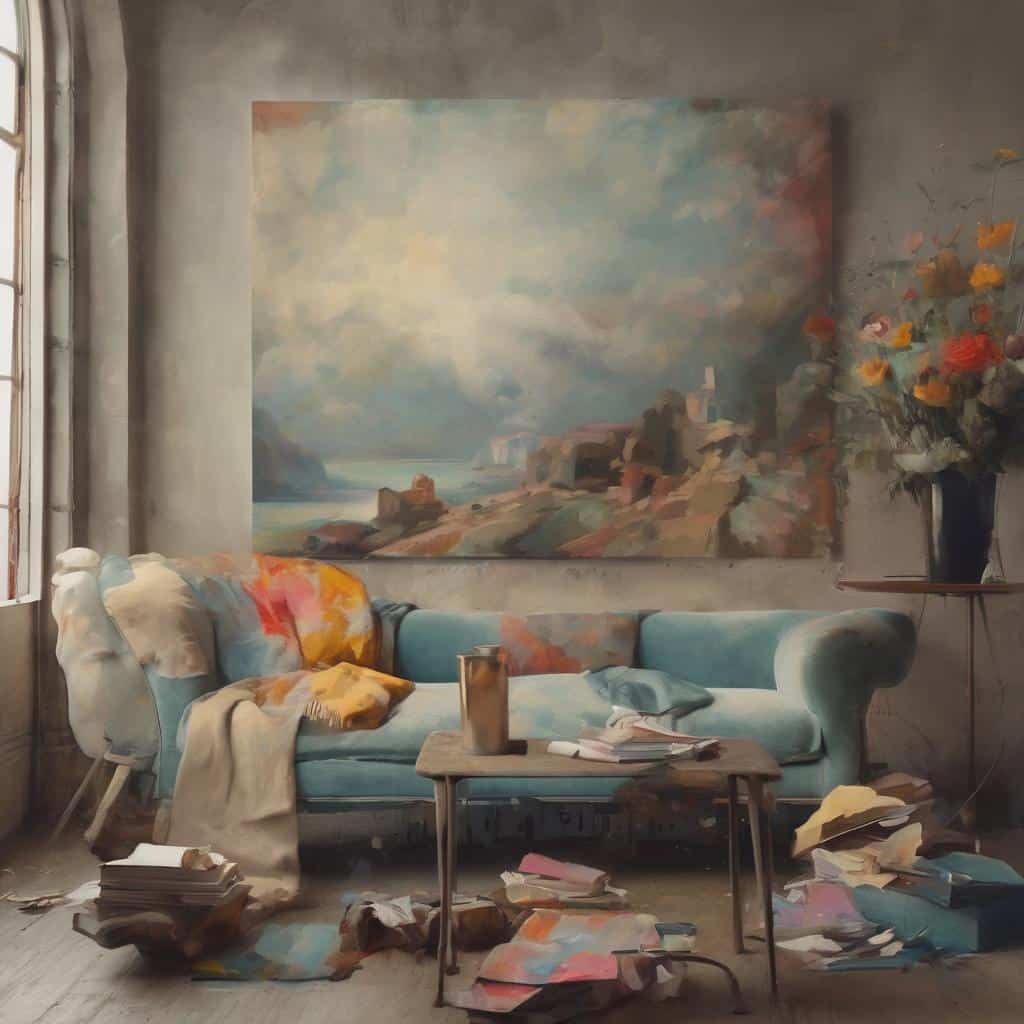 ρεαλιστικό εσωτερικό 그림 με καναπέ και πίνακα ομορφιάς, εμπνευσμένο από την αρχαιότητα μέχρι σήμερα, τέχνη και έμπνευση, μοντέρνα διακόσμηση και καλλιτεχνική δημιουργία, ατέλειωτη έμπνευση και τέχνη, καλλιτεχνική ατμόσφαιρα και σύγχρονη αισθητική, art και design, εικαστικά, εσωτερική διακόσμηση, παραδοσιακή και μοντέρνα τέχνη, ύφος και δημιουργικότητα.